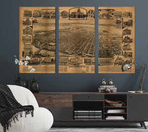 Bella Frye Sacramento California Vintage Map Wall Art - Bird's Eye View City Canvas Art