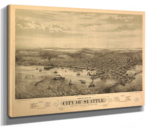 Bella Frye Seattle Washington Vintage Map Wall Art - Bird's Eye View City Canvas Art