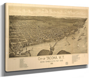 Bella Frye Tacoma Washington Vintage Map Wall Art - Bird's Eye View City Canvas Art