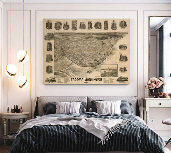 Bella Frye Mount Rainier and New Tacoma Washington Vintage Map Wall Art - Bird's Eye View City Canvas Art