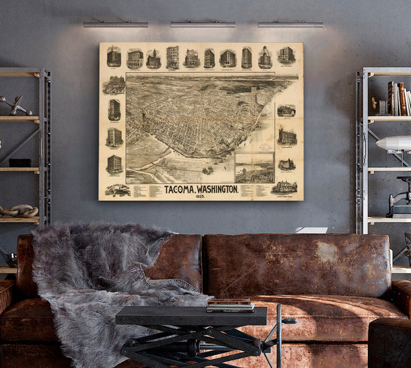 Bella Frye Mount Rainier and New Tacoma Washington Vintage Map Wall Art - Bird's Eye View City Canvas Art