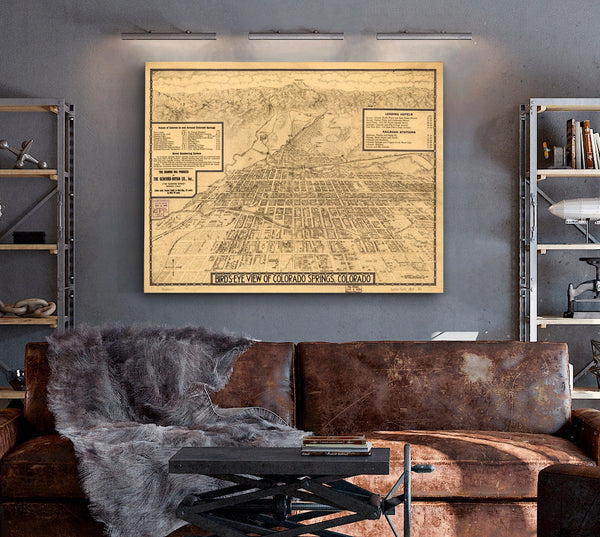 Bella Frye Colorado Springs, Colorado Vintage Map Wall Art - Bird's Eye View City Canvas Art