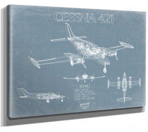 Bella Frye 14" x 11" / Stretched Canvas Wrap Cessna 421 Golden Eagle Aircraft Blueprint Wall Art - Original Airplane Print