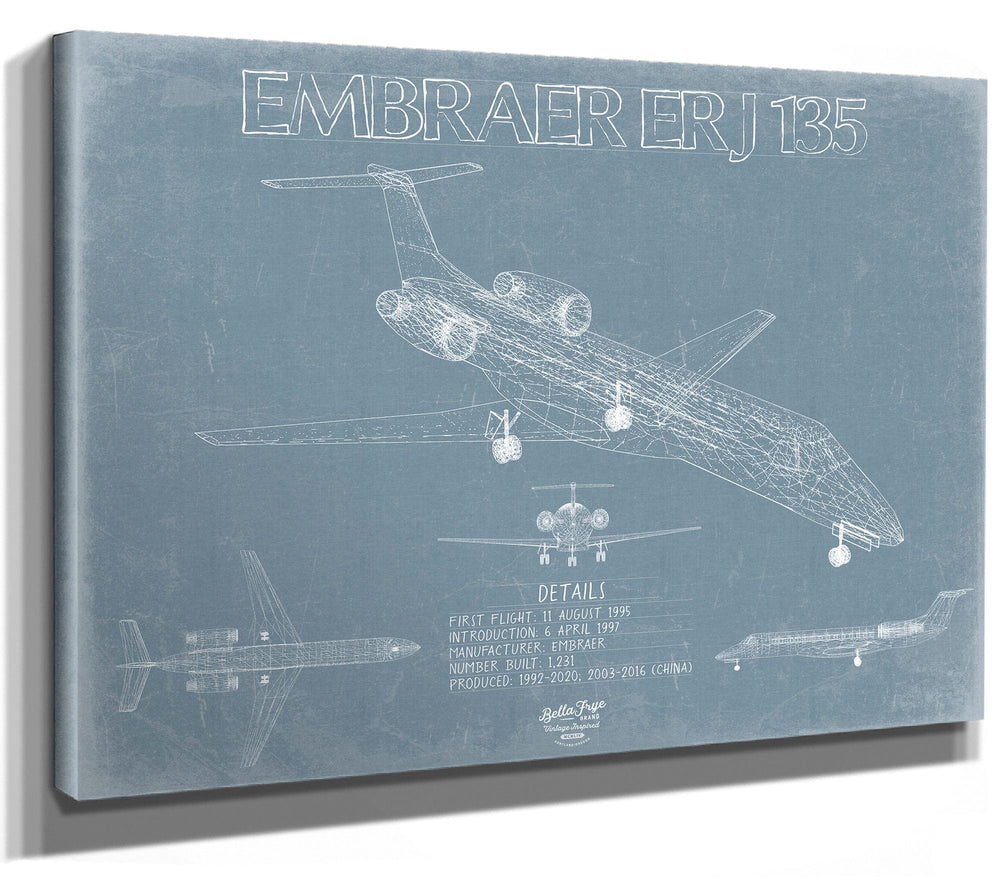 Bella Frye Embraer ERJ-135 Aircraft Blueprint Wall Art - Original Airplane Print