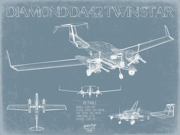 Bella Frye Diamond DA42 Twin Star Aircraft Blueprint Wall Art - Original Airplane Print