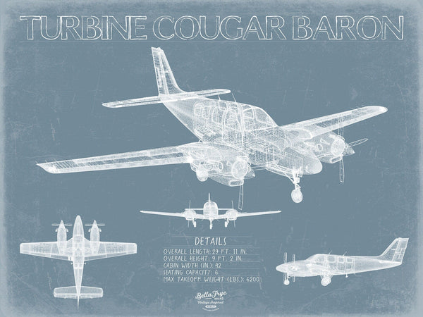 Bella Frye Turbine Cougar Baron Aircraft Blueprint Wall Art - Original Airplane Print