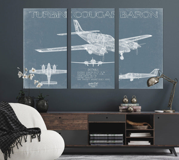 Bella Frye Turbine Cougar Baron Aircraft Blueprint Wall Art - Original Airplane Print