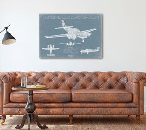 Bella Frye Turbine Cougar Baron Aircraft Blueprint Wall Art - Original Airplane Print