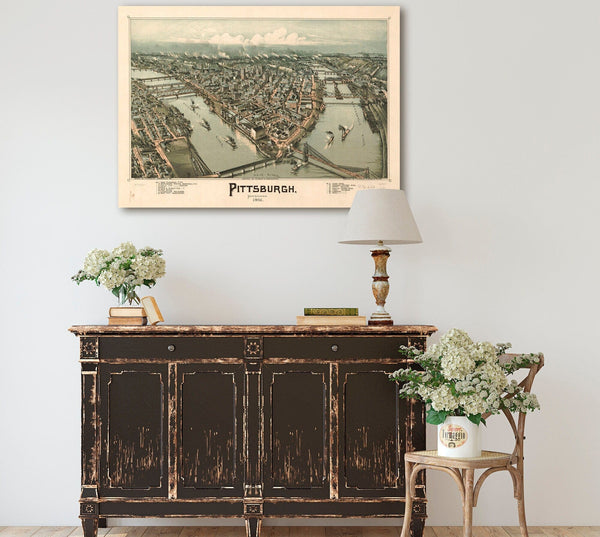 Bella Frye Pittsburgh Pennsylvania Vintage Map Wall Art - Bird's Eye View City Canvas Art