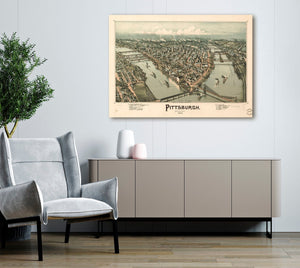 Bella Frye Pittsburgh Pennsylvania Vintage Map Wall Art - Bird's Eye View City Canvas Art