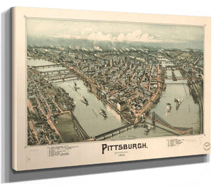 Bella Frye Pittsburgh Pennsylvania Vintage Map Wall Art - Bird's Eye View City Canvas Art