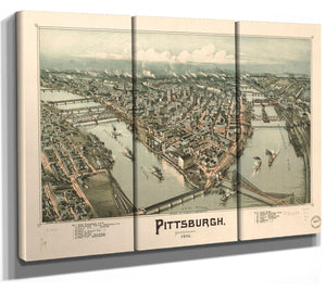 Bella Frye Pittsburgh Pennsylvania Vintage Map Wall Art - Bird's Eye View City Canvas Art