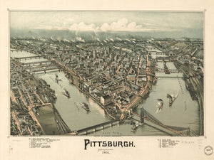 Bella Frye Pittsburgh Pennsylvania Vintage Map Wall Art - Bird's Eye View City Canvas Art