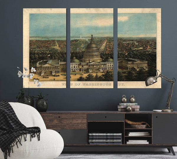 Bella Frye Washington D.C. Capital Vintage Map Wall Art - Bird's Eye View City Canvas Art