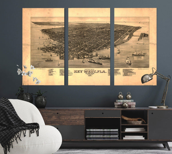 Bella Frye Key West, Florida Vintage Map Wall Art - Bird's Eye View City Canvas Art