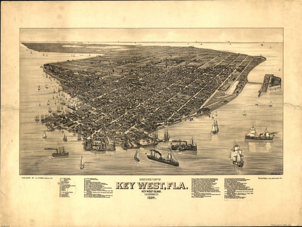 Bella Frye Key West, Florida Vintage Map Wall Art - Bird's Eye View City Canvas Art