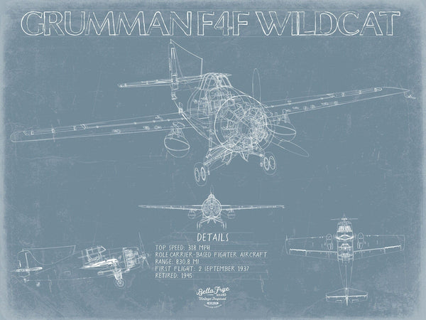 Bella Frye F4F Wildcat Blueprint Wall Art - Original Airplane Print