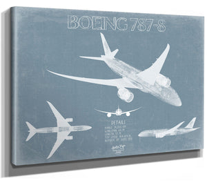 Bella Frye 14" x 11" / Stretched Canvas Wrap Boeing 787-8 Aircraft Blueprint Wall Art - Original Aviation Plane Print