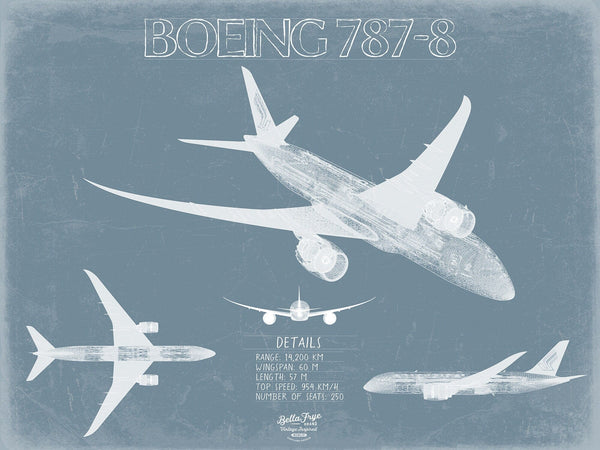 Bella Frye 14" x 11" / Unframed Paper Giclee Boeing 787-8 Aircraft Blueprint Wall Art - Original Aviation Plane Print