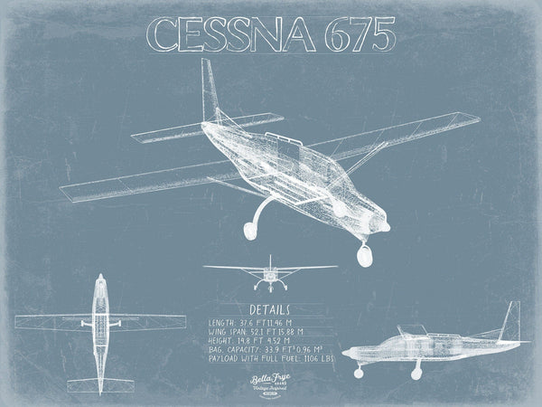 Bella Frye Cessna 675 Skydiver Aircraft Blueprint Wall Art - Original Airplane Print