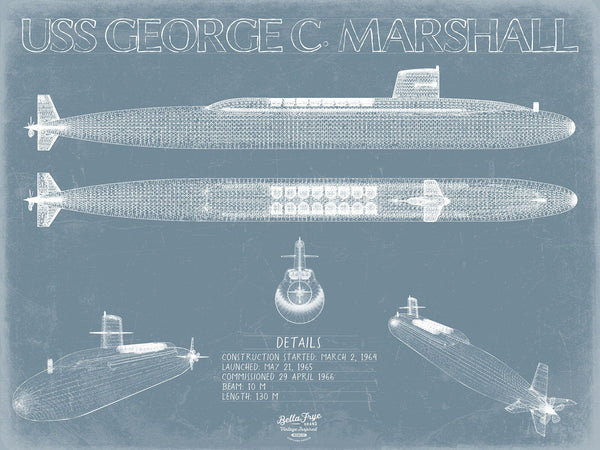 Bella Frye USS George C. Marshall (SSBN-654) Blueprint Wall Art - Original Submarine Print