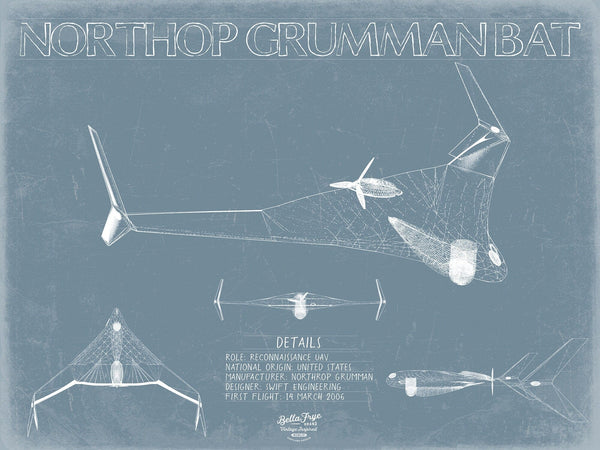 Bella Frye Northrop Grumman Bat UAV Blueprint Wall Art - Original UAV Print