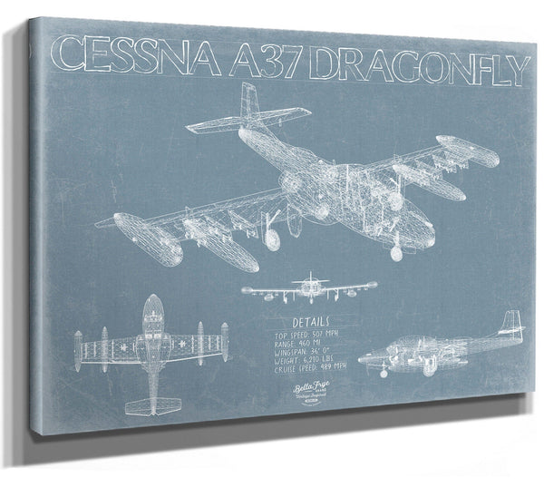 Bella Frye 14" x 11" / Stretched Canvas Wrap Cessna A-37 Dragonfly Aircraft Blueprint Wall Art - Original Airplane Print