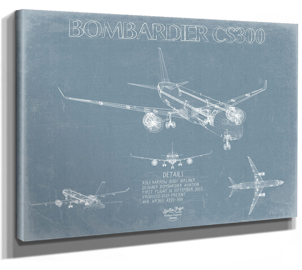 Bella Frye 14" x 11" / Stretched Canvas Wrap Bombardier CS300 Aircraft Blueprint Wall Art - Original Aviation Plane Print