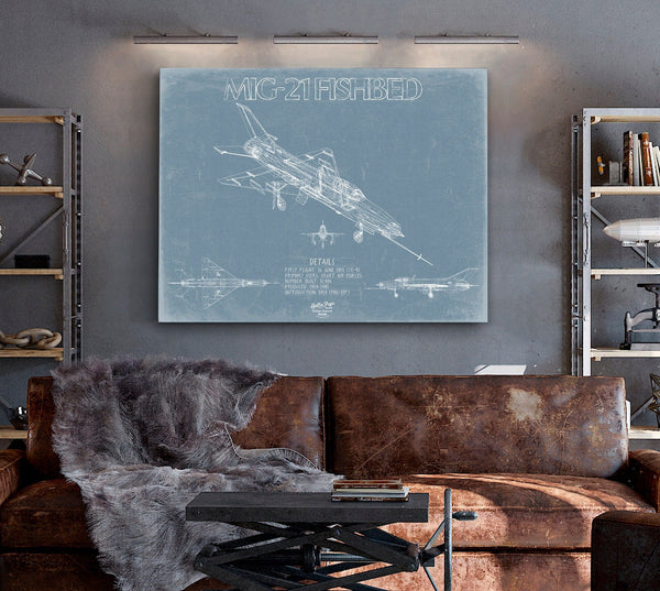 Bella Frye Mikoyan-Gurevich MIG-21 Fishbed Aircraft Blueprint Wall Art - Original Fighter Plane Print