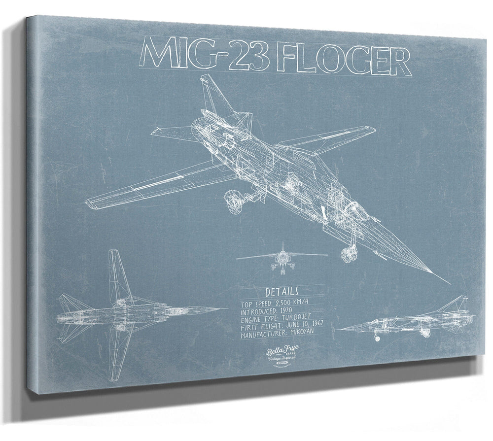 Bella Frye Mikoyan-Gurevich MiG-23 Flogger Aircraft Blueprint Wall Art - Original Fighter Plane Print