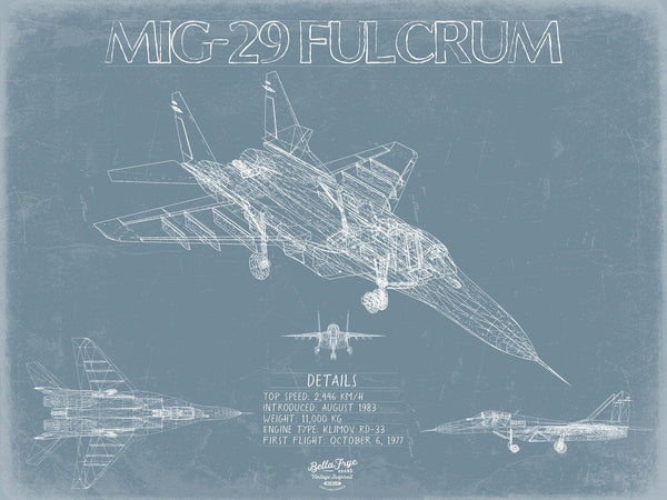 Bella Frye Mikoyan MiG-29 Fulcrum Aircraft Blueprint Wall Art - Original Fighter Plane Print