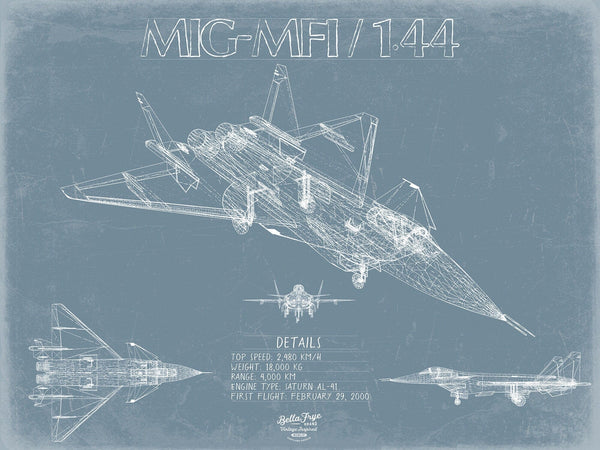 Bella Frye Mikoyan Project 1.44 (MIG-MFI) Aircraft Blueprint Wall Art - Original Fighter Plane Print