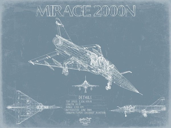 Bella Frye Dassault Mirage 2000N Aircraft Blueprint Wall Art - Original Fighter Plane Print