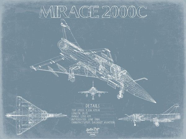 Bella Frye Dassault Mirage 2000C Aircraft Blueprint Wall Art - Original Fighter Plane Print