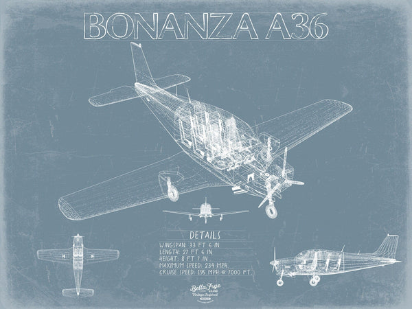 Bella Frye Beechcraft Bonanza A36 Aircraft Blueprint Wall Art - Original Fighter Plane Print