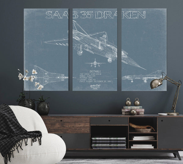 Bella Frye Saab 35 Draken Aircraft Blueprint Wall Art - Original Fighter Plane Print