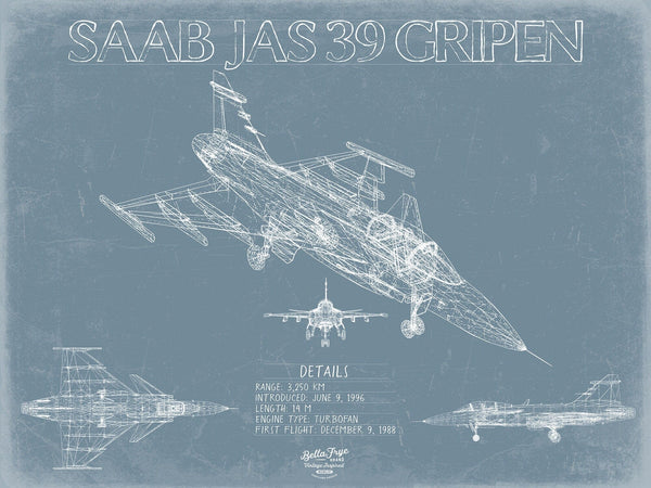 Bella Frye Saab JAS 39 Gripen Aircraft Blueprint Wall Art - Original Fighter Plane Print