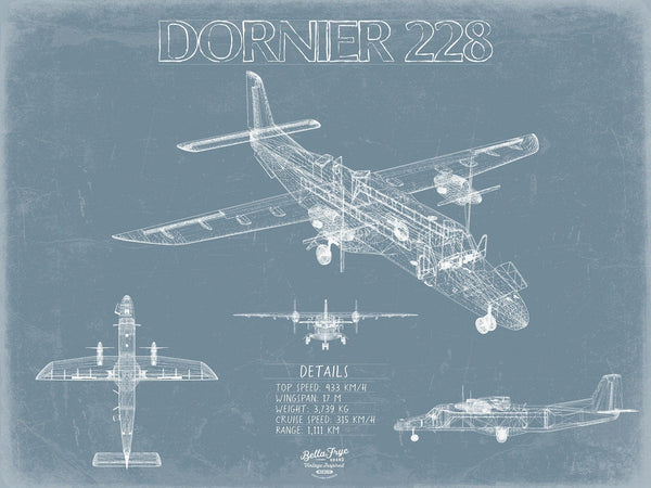 Bella Frye Dornier 228 (Dornier Do 228) Blueprint Wall Art - Original Aviation Plane Print