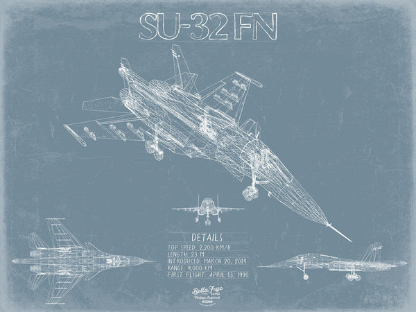 Bella Frye Sukhoi Su-34 / Su-32FN Aircraft Blueprint Wall Art - Original Fighter Plane Print