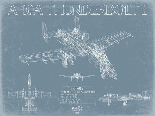 Bella Frye A-10A Thunderbolt II Aircraft Blueprint Wall Art - Original Aviation Plane Print