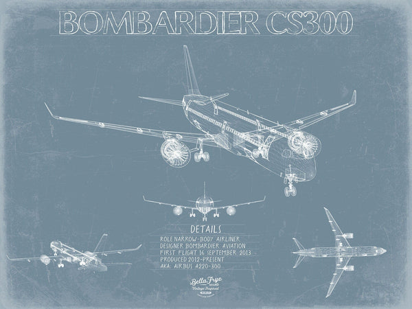 Bella Frye Bombardier CS300 Aircraft Blueprint Wall Art - Original Aviation Plane Print