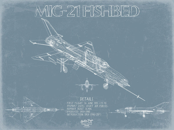 Bella Frye Mikoyan-Gurevich MIG-21 Fishbed Aircraft Blueprint Wall Art - Original Fighter Plane Print