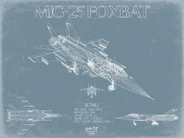 Bella Frye Mikoyan-Gurevich MiG-25 Foxbat Aircraft Blueprint Wall Art - Original Fighter Plane Print