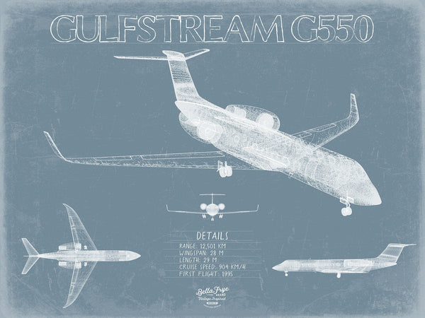 Bella Frye Gulfstream G550 Aircraft Blueprint Wall Art - Original Aviation Plane Print