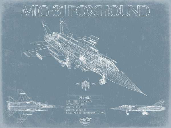 Bella Frye Mikoyan MiG-31 Foxhound Aircraft Blueprint Wall Art - Original Fighter Plane Print