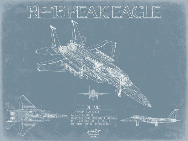 Bella Frye RF-15 Peek Eagle Aircraft Blueprint Wall Art - Original Fighter Plane Print