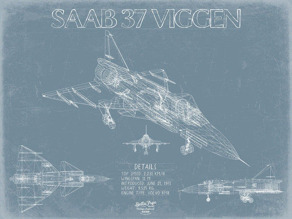 Bella Frye Saab 37 Viggen Aircraft Blueprint Wall Art - Original Fighter Plane Print