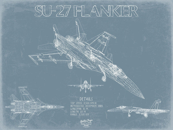 Bella Frye Sukhoi Su-27 Flanker Aircraft Blueprint Wall Art - Original Fighter Plane Print