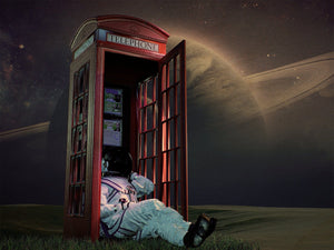 Bella Frye Astronaut on Telephone in Space - Funny SciFi Planet Wall Art