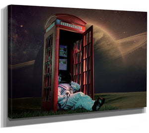 Bella Frye 14" x 11" / Stretched Canvas Wrap Astronaut on Telephone in Space - Funny SciFi Planet Wall Art